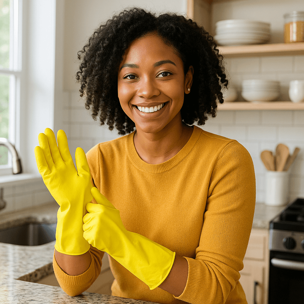 Smiling woman wearing yellow rubber cleaning gloves in a bright kitchen, ready to use all-purpose surface cleaner for a spotless finish.